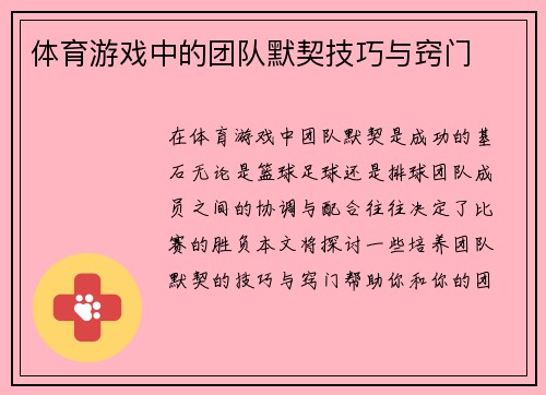 体育游戏中的团队默契技巧与窍门